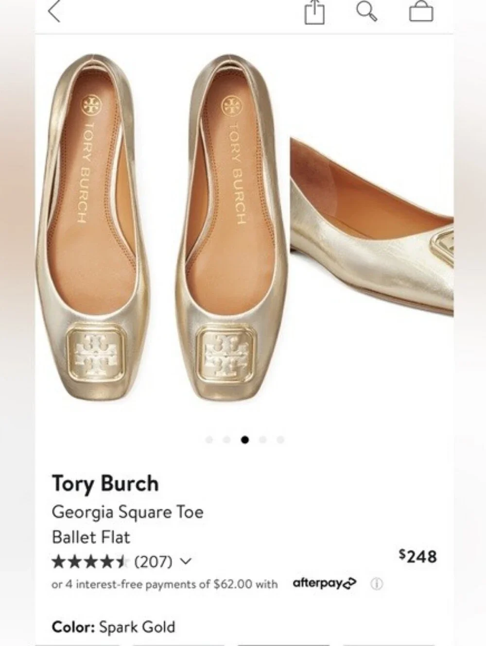 Tory Burch Georgia Leather Square Toe Metallic Gold-tone Ballet Flat Sz 7.5M